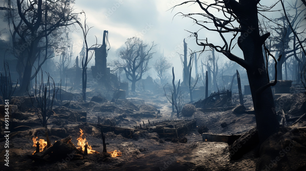 Forest fire. fallen tree is burned to the ground a lot of smoke when ...