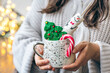 A cup of hot drink with gingerbread, marshmallow and candy in female hands.