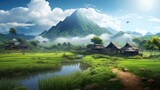 Fototapeta  - a house in the middle of a small garden, in the style of iban art, photo-realistic techniques, thai art, mountainous vistas, 32k uhd, grocery art, joyful celebration of nature