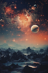 Poster - A cosmic scene with multiple moons and a galaxy in the background.