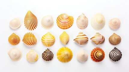 A collection of particularly beautiful decorative seashell shells. Isolated on white background. Generative AI