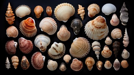 A collection of particularly beautiful decorative seashell shells. Isolated on black background. Generative AI