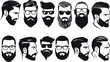Vector men faces with hairstyle silhouette set. Male hairstyle Beauty haircut salon for man styling barber. black Illustration in various themes. Hand drawn Vector collection V9.