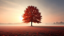 A Lonely Tree At A Fiery Sunset In A Field