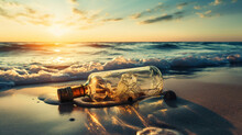 Message In A Bottle Standing On The Beach Sand