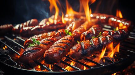 Wall Mural - Grilled juicy sausages on a grill with fire. Shallow depth of field