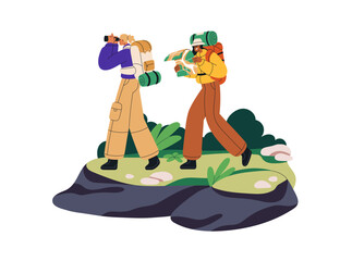 Wall Mural - hikers tourists travel with backpacks. women backpackers walking in nature with map and binoculars. 
