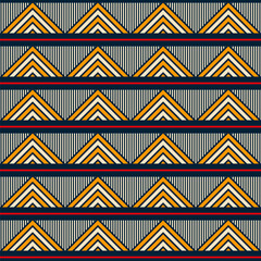 Wall Mural - Vector decorative seamless color pattern. Repeating ornament with triangles and stripes. Ethnic striped ornament. Simple geometric shapes pattern. Yellow, red, blue, beige, blue colors.