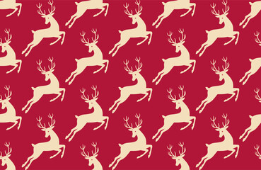 Wall Mural - Reindeer on red background with snowflakes, vector seamless Christmas illustration.