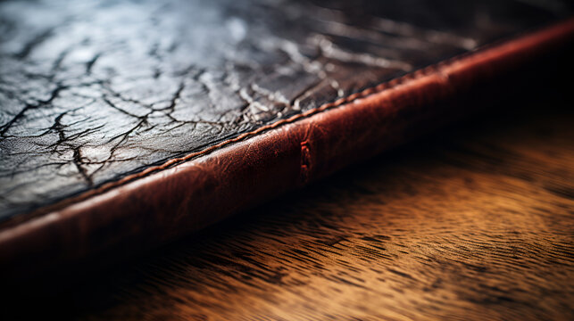 Antique leather book cover texture background, displaying the rich, weathered patina of aged leather with embossed details. Perfect for vintage and literature-themed designs, Brown leather cover of el