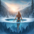 young woman hardening the body cold water therapy girl in bikini plunges into  icy water in frozen