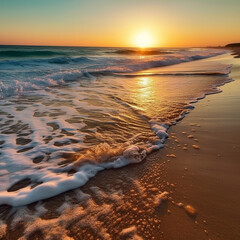 Poster - Beautiful seascape at sunrise. Beautiful beach and tropical sea under while orange sunset with clouds.  Beautiful summer seascape. Composition of nature.  Travel and  holiday concept. AI generated.