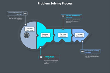 Aufkleber - Problem solving process infographic with four steps - dark version. Simple flat template for project data visualization.