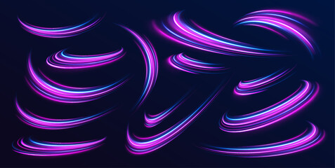 Wall Mural - Neon line as speed or arc, turn, twist, bend in light effect. Light arc in neon colors, in the form of a turn and a zigzag. Abstract background in blue, yellow and orange neon colors.	