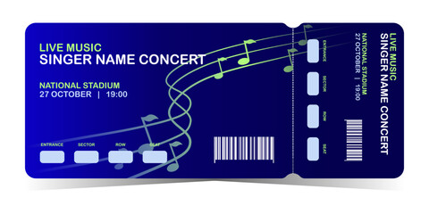 Wall Mural - Concert ticket template. Blue background with music lines