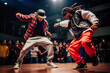 © VisualProduction - Adult male and female hip-hop couples dancing at practice, smiling being happy. Youth culture, movement, style and fashion, action, breakdance.