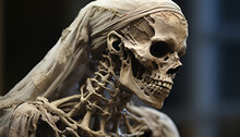 Ancient Bride Skeleton. Realistic Skeleton Corpse Bride On Black Background Copy Space. Skull Of A Bride