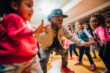 Wall Mural - Hip-hop dancers at practice, smiling, singing. Teacher is teaching children how to dance Private dancing studio.