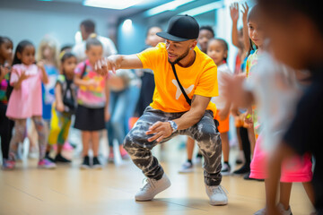 Wall Mural - Hip-hop dancers at practice, smiling, singing. Teacher is teaching children how to dance Private dancing studio.