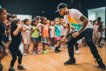 Wall Mural - Hip-hop dancers at practice, smiling, singing. Teacher is teaching children how to dance Private dancing studio.