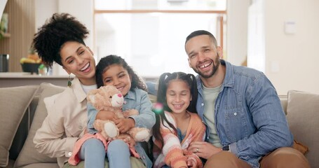 Wall Mural - Face, happy family and parents with kids on sofa in home, bond or love in living room. Portrait, smile or mother, father and children with teddy bear on couch together, care or funny laugh in house