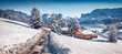 Panoramic winter view of Alpe di Siusi village. Bright winter landscape of Dolomite Alps with country road. Snowy outdoor scene of ski resort, Ityaly, Europe. Vacation concept background.