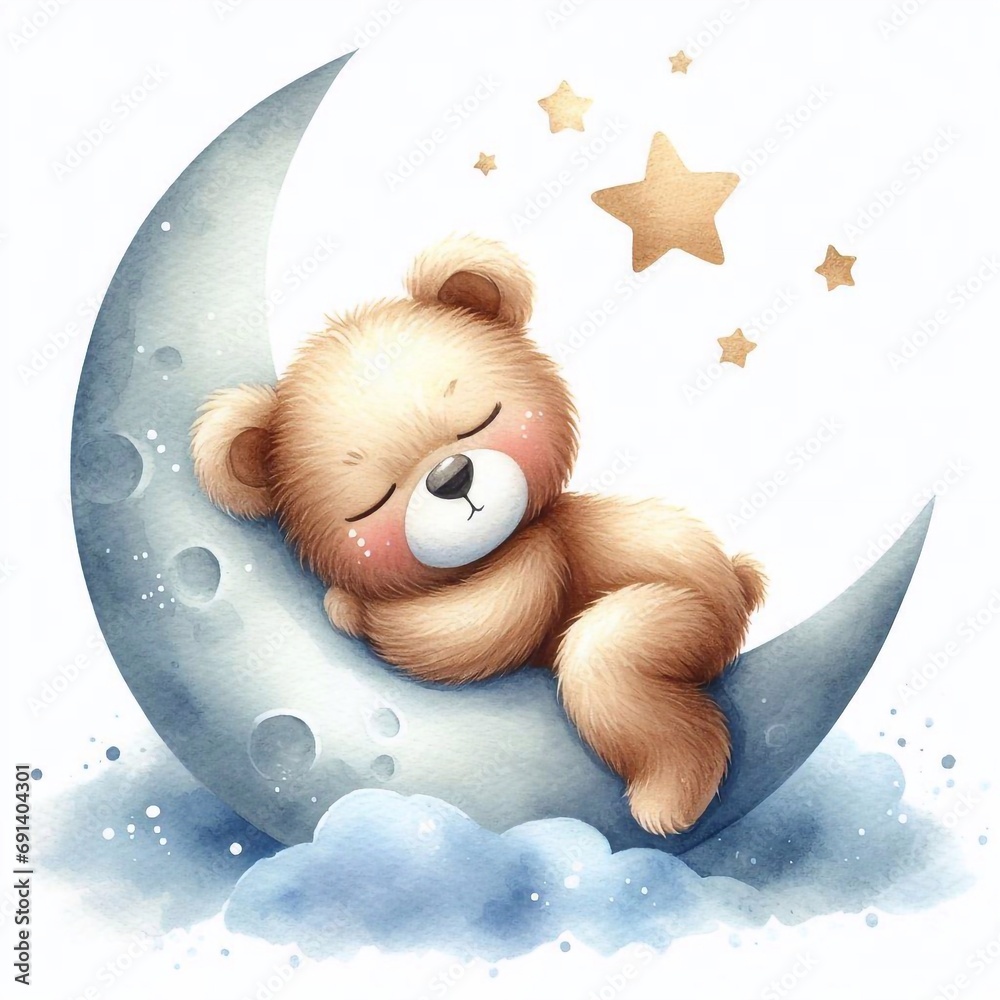 Cute little cartoon teddy bear sleeping on the moon Stock Illustration ...