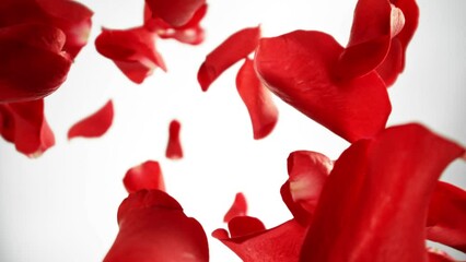 Poster - Super Slow Motion of Falling Rose Petals on White Background. Camera Placed on High Speed Cine bot, Rotating Around. Filmed on High Speed Cinema Camera, 1000 fps.
