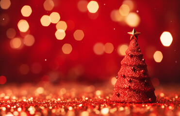 Wall Mural - Christmas New Years background with glittery Christmas tree on red background. Golden glitter garland lights