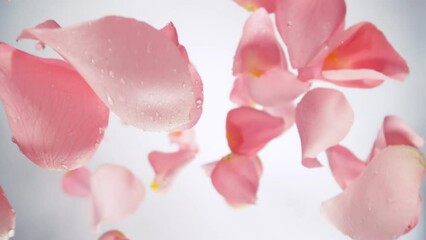 Aufkleber - Super Slow Motion of Falling Pink Rose Petals with Water Drops on White Background. Camera Placed on High Speed Cine bot, Rotating Around. Filmed on High Speed Cinema Camera, 1000 fps. Speed Ramp.