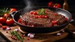 Juicy marbled beef steak with tomatoes, onions, parsley, cowberries in a frying pan. Wooden kitchen. A delicious dinner of meat and vegetables. Nutritious food.