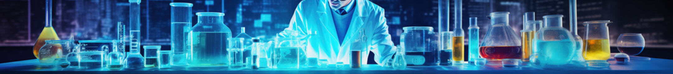 Poster - Panoramic view of male scientist with equipment doing experiments among laboratory glassware containing chemical liquid at futuristic medical research laboratory.