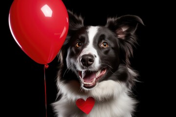 Poster - Portrait of a Border Collie with a red balloon with heart shape. Romantic appointment. Generative AI