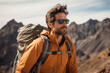Trailblazing Views: Man Treks in the Mountains Wearing Backpack and Shades
