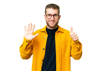 Wall Mural - Young handsome blonde man over isolated chroma key background counting six with fingers