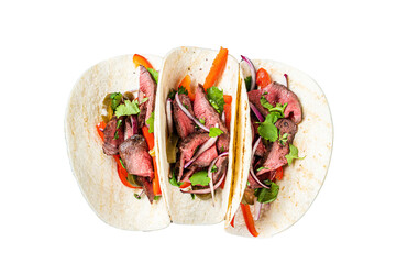 Wall Mural - Homemade Mexican Steak Steet Tacos with Cilantro, green sauce, jalapenos and onion. Transparent background. Isolated.