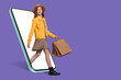 © New Africa - Online shopping. Happy woman with paper bags walking out from smartphone on dark violet background, space for text
