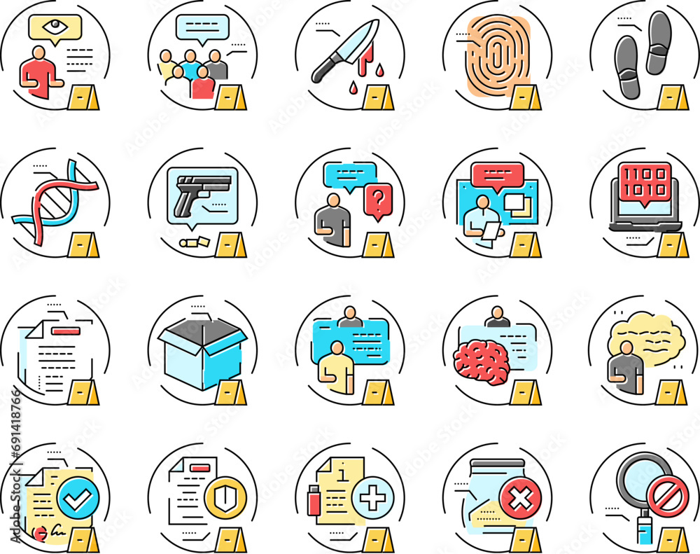 evidence crime police scene board icons set vector. detective criminal ...