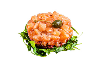 Salmon tartare or tartar with red onion, avocado, arugula and capers.  Transparent background. Isolated.