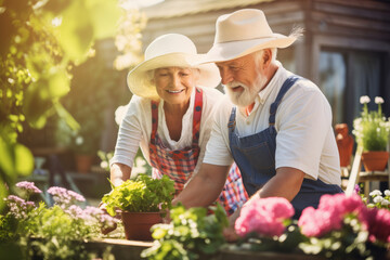 Beautiful senior couple working in the garden. Landscape designer at work. Smiling elderly man and woman gardeners caring for flowers and plants. Hobby in retirement.