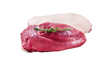 Wall Mural - Fresh Raw Duck breast  fillet steaks on butcher board with meat cleaver.  Transparent background. Isolated.