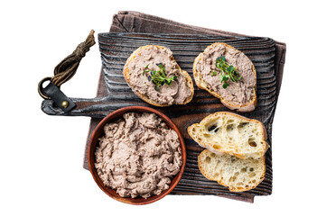 Wall Mural - Toasts with Duck pate Rillettes de Canard on wooden board.  Transparent background. Isolated.