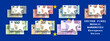 Vector set of pixel mosaic European Union banknotes. Collection of notes in denominations of 5, 10, 20, 50, 100, 200 and 500 euros. Obverse and reverse. Play money or flyers.