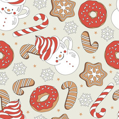 Christmas Gingerbread cookies Donut Peppermint candy Snowman mug vector seamless pattern. Xmas holiday festive season treats sweets snacks food background.