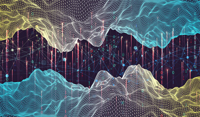 Big Data. Abstract digital futuristic wireframe vector illustration on technology background. Data mining and management concept. Hand drawn art.