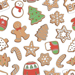 Wall Mural - Gingerbread cookies Christmas tree snowman candy cane snowflake sweater sock shape vector seamless pattern. Xmas holiday festive season treats sweets snacks food background.