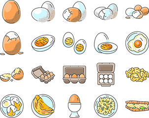 Sticker - egg chicken hen food farm icons set vector. easter organic, fresh brown, animal bird, breakfast poultry, healthy nature, protein egg chicken hen food farm color line illustrations