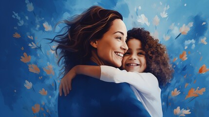 Poster - Happy mother and daughter smiling and hugging against the blue background