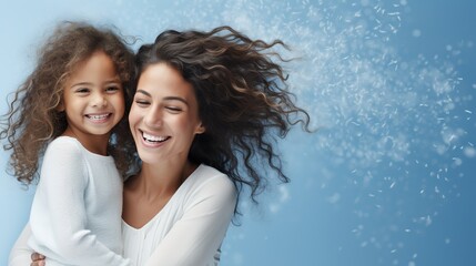 Sticker - Happy mother and daughter smiling and hugging against the blue background