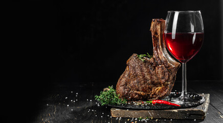 Wall Mural - Traditional bbq steak with herbs and glass of wine on a dark background, Long banner format. top view. copy space for text